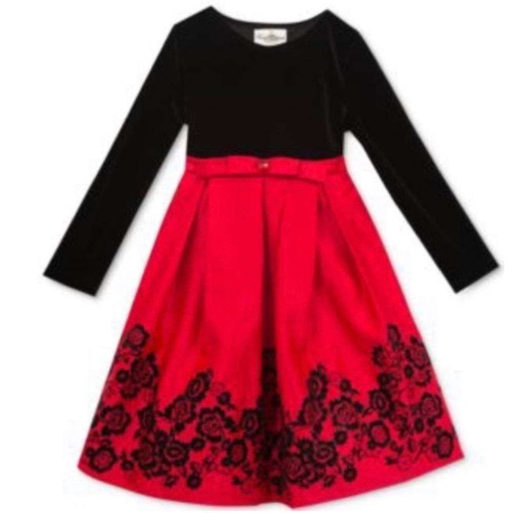 Rare Editions Big Girl Velvet Top Flocked Skirt Dress Red Black size 10